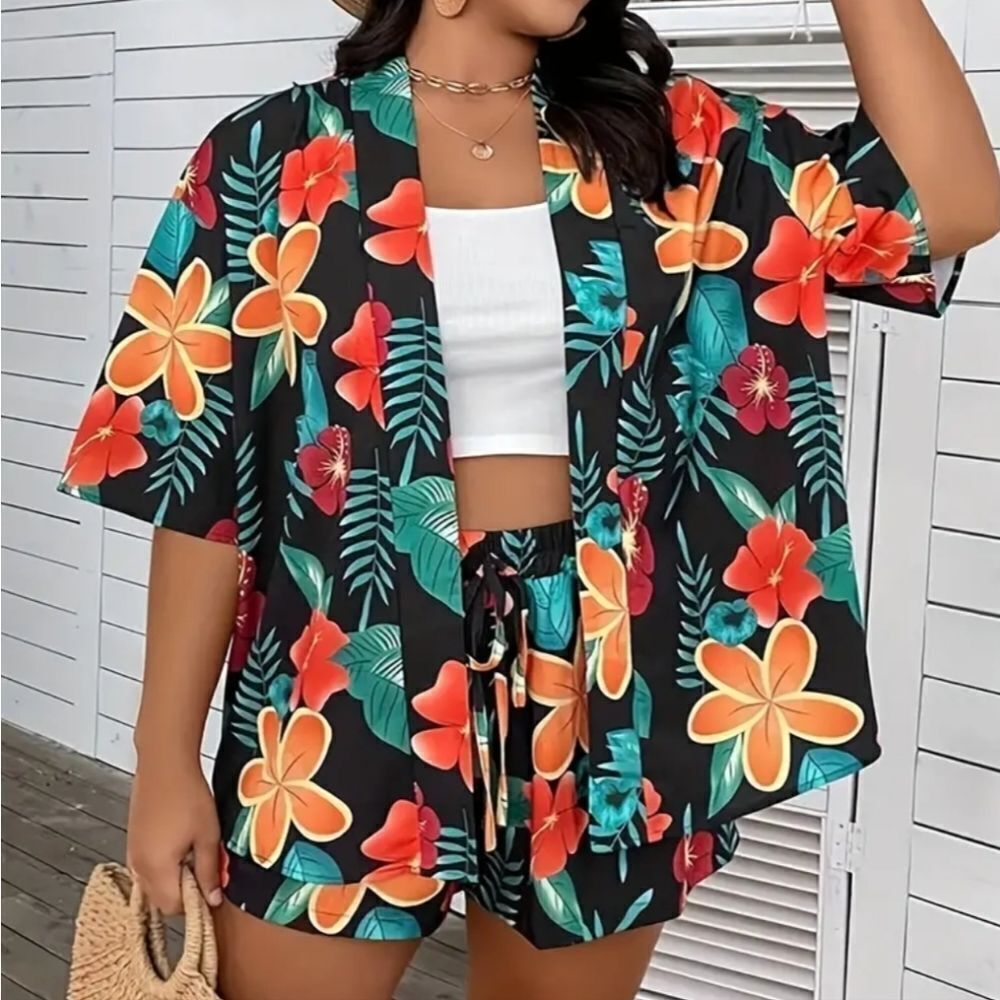 Women's Tropical boho plus size 2pc short set Sz 3x